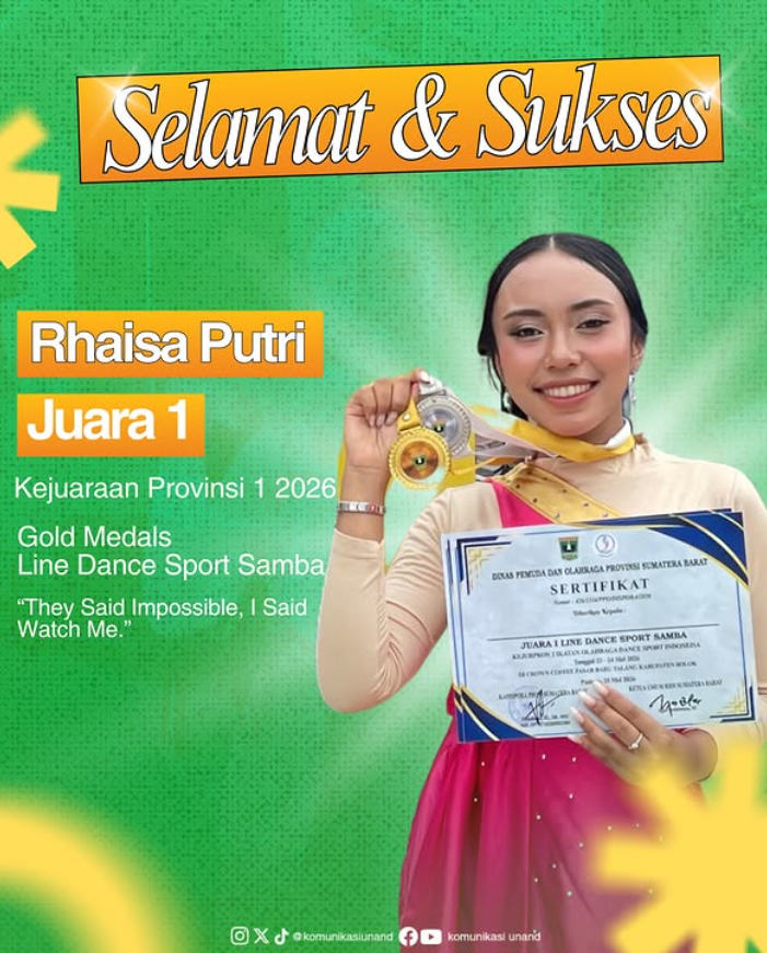 Mahasiswi Ilmu Komunikasi Unand Raih Juara 1 Kejuaraan Provinsi Line Dance Sport Samba 2026